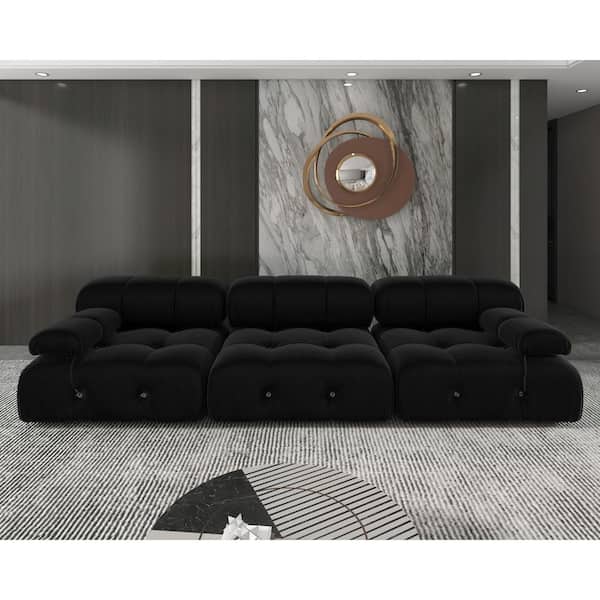 J&E Home 103.95 in. W Black Square Arm Velvet Rectangle 3-Seater Free Combination Sofa Loveseat in Black