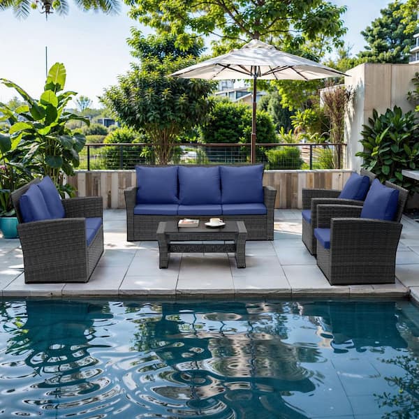 5-Piece Wicker Patio Furniture Set with Blue Cushions