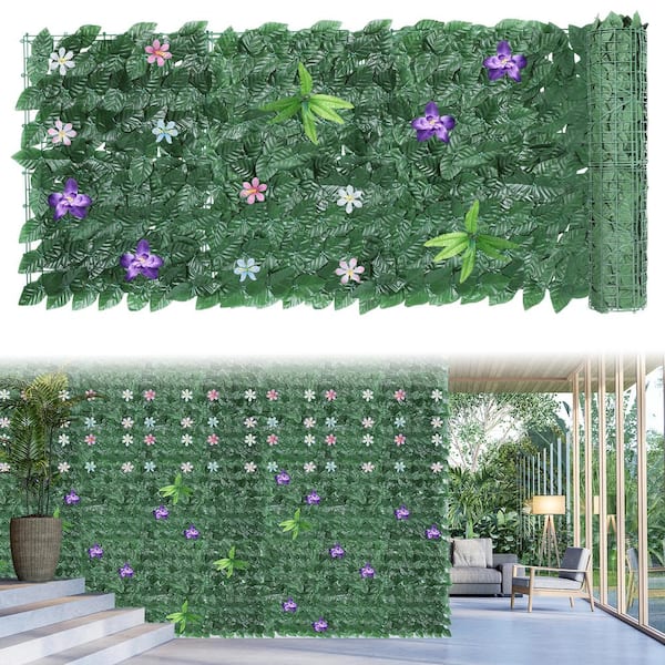 Oumilen 24 Artificial Dark Green Lobelia Leaves with Flowers Privacy Fence Screen, Hedgerow Flower Backdrop, Fence Decoration