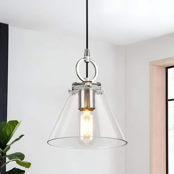 Jasslynn 60 Watt 1 Light Brushed Nickel Industrial Pendant Light with Clear Cone Glass Shade for Dining Room, Kitchen