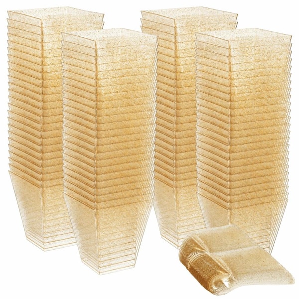 8 fl. oz. Gold Glitter Plastic Square Dessert Cups and Spoons Party Set (200-Piece) Dessert Sets