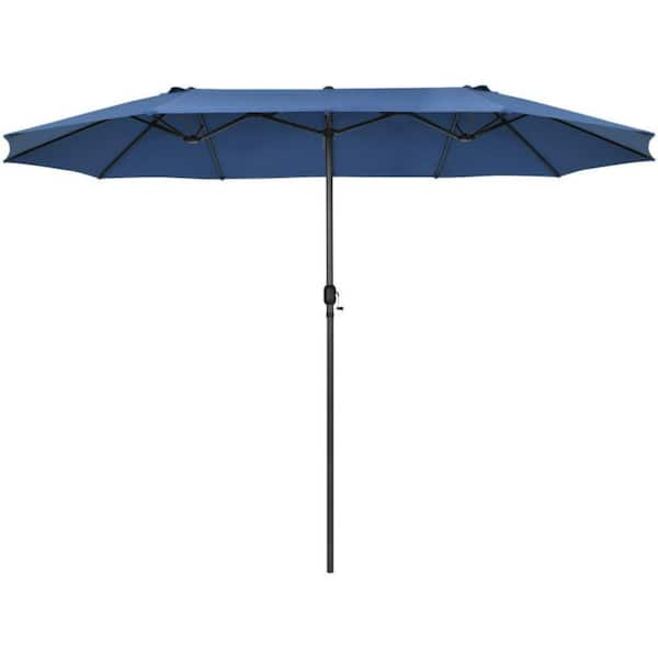 Kadehome 15 ft. Iron Market Double-Sided Twin Patio Umbrella with Hand-Crank System in Navy