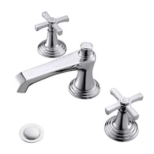 2-handle Chrome 3 Hole 8 in. Widespread Bathroom Faucet for Sink 3 Hole Chrome Cross Handle Basin Vanity Faucet