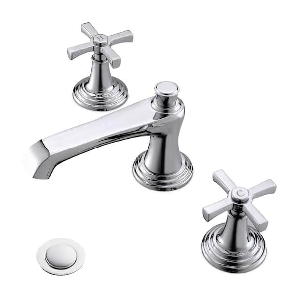Phiestina 2-handle Chrome 3 Hole 8 in. Widespread Bathroom Faucet for Sink 3 Hole Chrome Cross Handle Basin Vanity Faucet