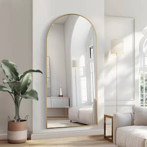 35 in. W. x 79 in. H Full Length Arched Free Standing Body Mirror, Metal Framed Wall Mirror, Large Floor Mirror in Gold