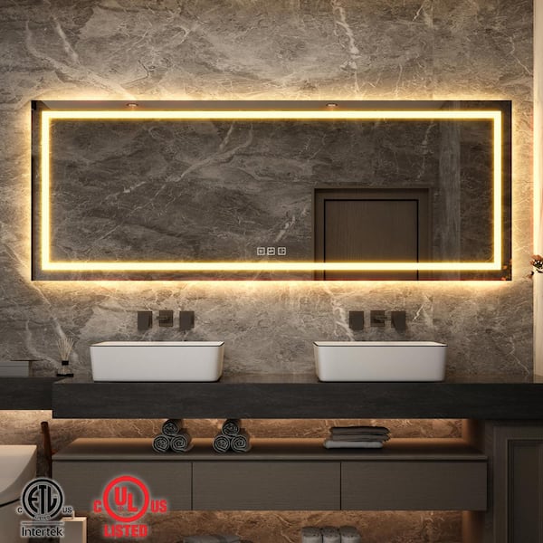 TOOLKISS 84 in. W x 32 in. H Frameless Rectangular Anti-Fog LED Light Wall Bathroom Vanity Mirror with Backlit and Front Light