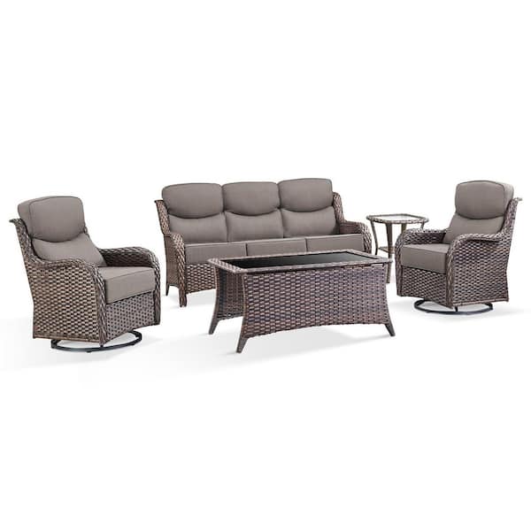 JHXL 5-Piece Outdoor Wicker Patio Conversation Set Swivel Rocking Chair with Gray Cushions