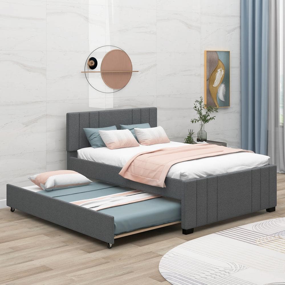 Qualler Gray Wood Frame Full Upholstered Platform Bed with Trundle ...