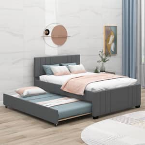 Gray Wood Frame Full Upholstered Platform Bed with Trundle