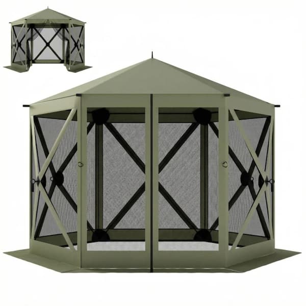 10x11ft Green Pop Up Gazebo Screen Tent w/ Carry Bag for Camping & Picnics