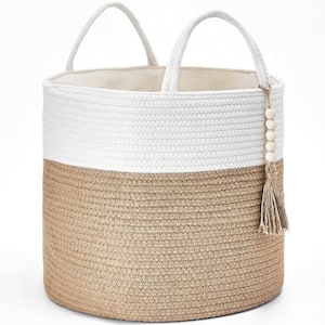 Brown And White Round Jute Woven Storage Basket with Handle