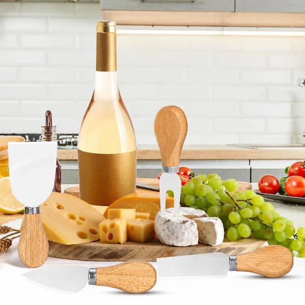 Housewarming Gift Basket Set Acacia Wood Cheese Board Candle Cheese Knives Salad Spoons Horseshoe Rattan