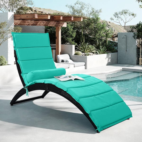 Wateday Black Wicker Metal Patio Outdoor Chaise Lounge with Blue Cushion