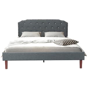 63 in. W Grey Full Upholstered Platform Bed Frame Adjustable Diamond Button Headboard Easy Assembly