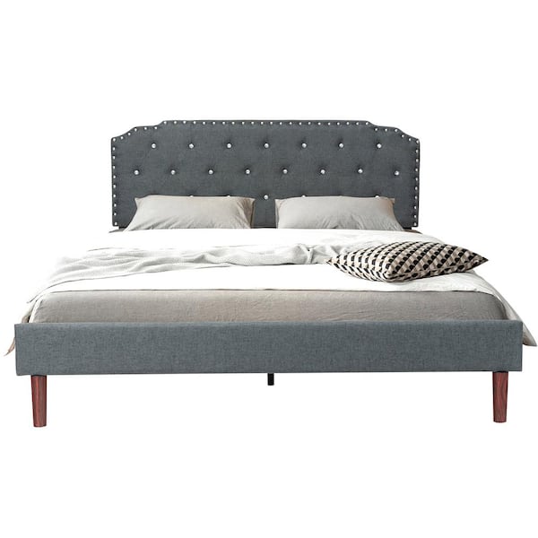 Costway 63 in. W Grey Full Upholstered Platform Bed Frame Adjustable Diamond Button Headboard Easy Assembly