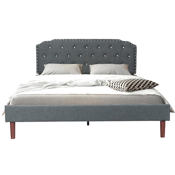 Costway 63 in. W Grey Queen Upholstered Platform Bed Frame Adjustable Diamond Button Headboard Easy Assembly