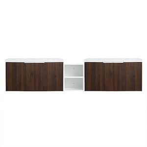 82.9 in. W x 18 in. D x 19.3 in. H Double Sink Floating Bath Vanity in Walnut with White Resin Top and 2 Tier Cabinet