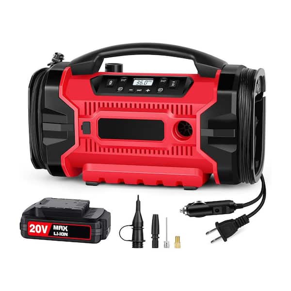 Portable Electric Air Compressor 3 Power Sources 110V AC 12V DC 20V Battery Inflation Deflation Modes Dual Motors