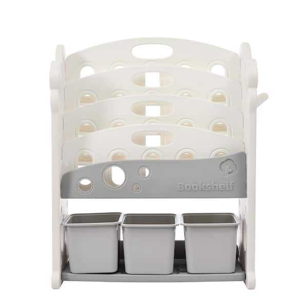 TIRAMISUBEST Gray Indoor Multi-Functional Kids Toy Storage Organizer with 3 Large Bins and 4 Bookshelves