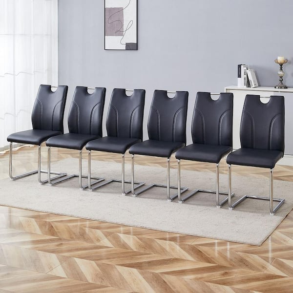 Black PU Leather Upholstered Dining Chairs with Silver Metal Legs (Set of 6)