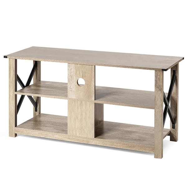 Costway 47 in. Grey Wash Wood End Table with 3-Tier Open Shelves