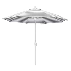 9 ft. Fiberglass Market Collar Tilt Matte White Patio Umbrella in Gray White Cabana Stripe Olefin
