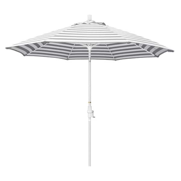 California Umbrella 9 ft. Fiberglass Market Collar Tilt Matte White Patio Umbrella in Gray White Cabana Stripe Olefin
