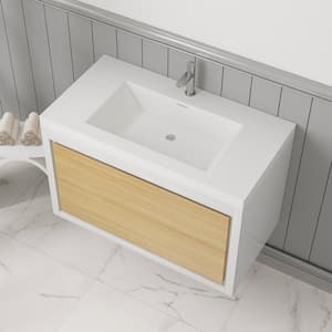 36 in. W x 17 in. D x 20 in. H Wall Mounted Floating Bath PVC Vanity Cabinet in Wood Grain with White Basin and Sink