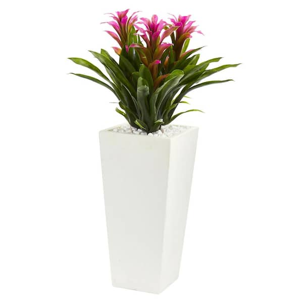 Nearly Natural Triple Purple Bromeliad Artificial Plant in White Tower Planter