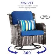 New Kenard Brown 9-Piece Wicker Patio Fire Pit Conversation Set with Navy Blue Cushions and Swivel Rocking Chairs