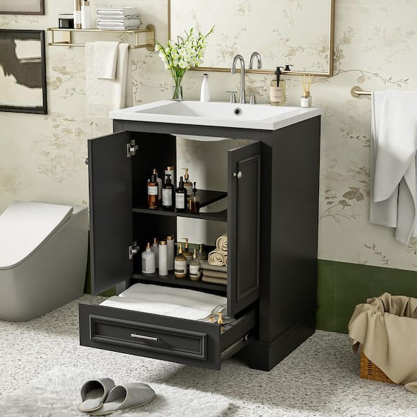 24 in. Freestanding Black Bath Vanity with White Ceramic Top, Adjustable Shelf Unassembled