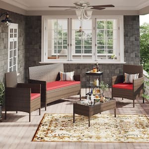 4-Pieces Brown Wicker Patio Furniture Sets Patio Conversation Sets with Red Cushion