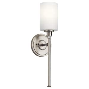 Joelson 5 in. 1-Light Brushed Nickel Transitional Bathroom Wall Sconce with Satin Etched Cased Opal Shade