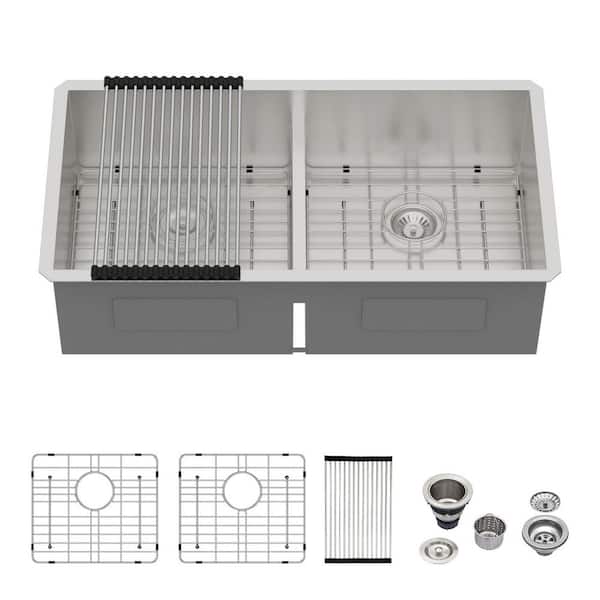 33 in. Undermount 50/50 Double Bowl 16-Gauge Stainless Steel Low Divider Kitchen Sink with Roll Up Rack