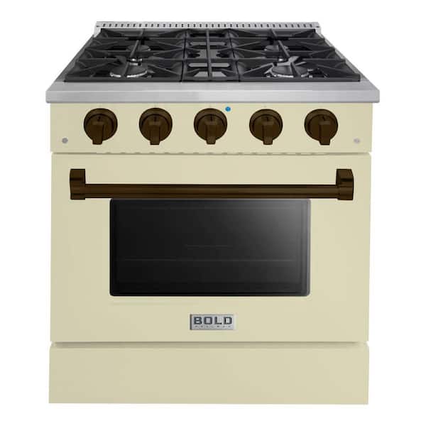 Hallman BOLD 30 in. 4-Burner 4.2 CU Freestanding Dual Fuel Range with NG Gas Stove-Electric Oven, in Antique White Bronze Trim