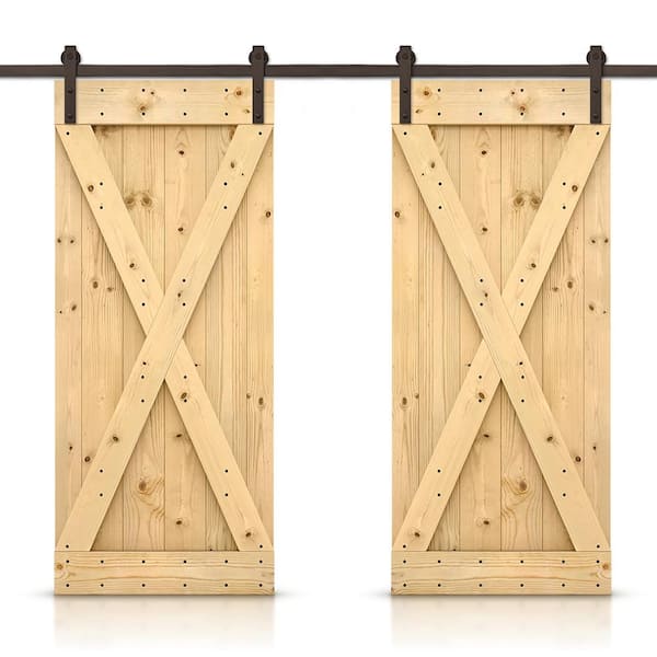 X 52 in. x 84 in. Unfinished Stained DIY Solid Pine Wood Interior Double Sliding Barn Door with Hardware Kit