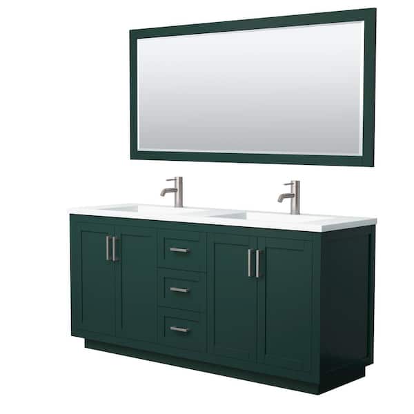 Wyndham Collection Miranda 72 in. W x 22 in. D x 34.25 in. H Double Sink Bath Vanity in Green with Matte White Solid Surface Top and Mirror