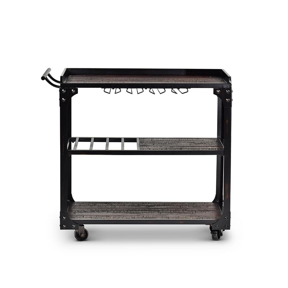 Rustic Black and Brown Wood Server Cart with Wine Rack