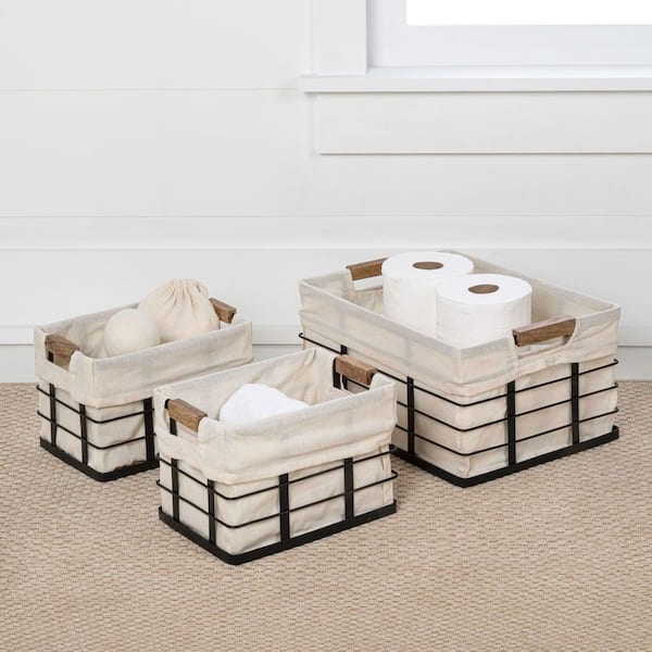 Callan Black 15 in. x 7.25 in. Handmade Wire Metal Nesting Storage Decorative Baskets with Handles and Liner Set of 3