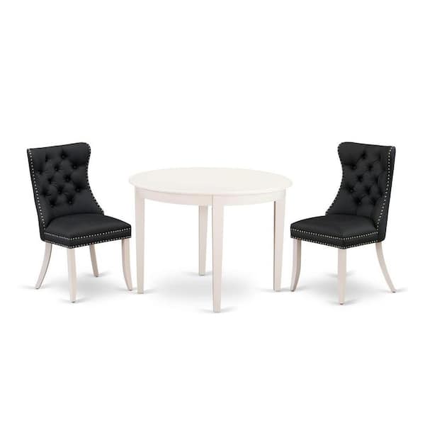 East West Furniture 3-Piece Linen White Finish Round Solid Wood Top Dining Table Set