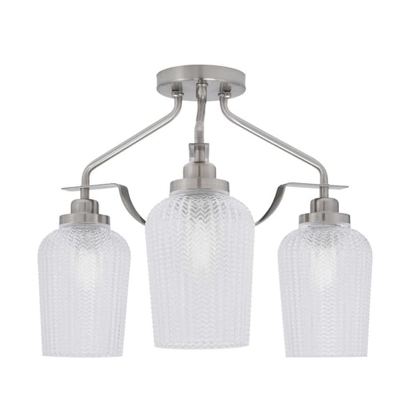 Unbranded Zara 15.5 in. 3-Light Brushed Nickel Semi-Flush with 5 in. Clear Textured Glass Shades No Bulbs Included