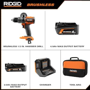18V Brushless Cordless 1/2 in. Hammer Drill/Driver Kit with 2.0 Ah and 4.0 Ah MAX Output Batteries, 18V Charger, and Bag