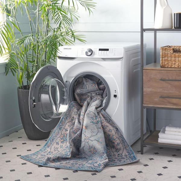 Arizona 3 ft. x 8 ft. Light Blue/Ivory Machine Washable Faded Medallion Runner Rug
