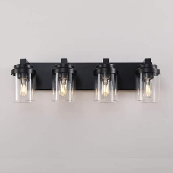 24 in. 4-Light Black Bathroom Vanity Light Fixture with Clear Glass Shades, No bulbs included