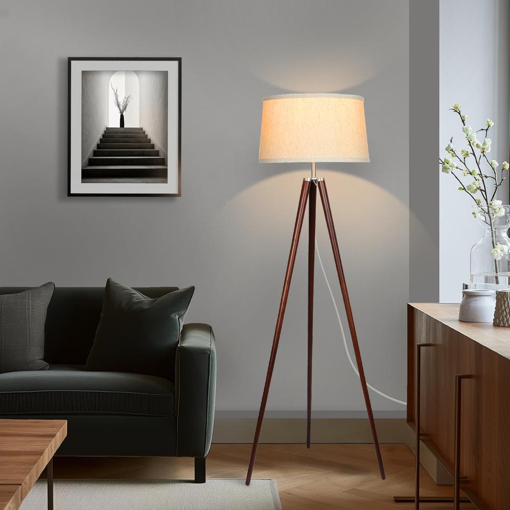 Walnut Brown Tripod Floor Lamp with White Fabric Shade