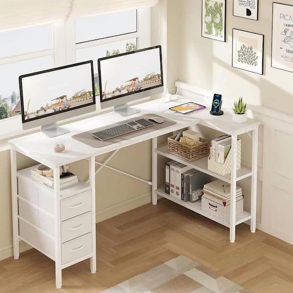 XRAMFY 55.1 in. L Reversible L-Shaped White Wood 3-Drawer Computer
