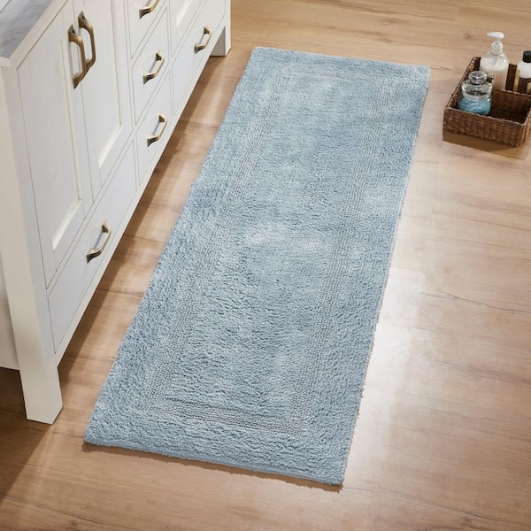 Lux Collection Blue 20 in. x 60 in. 100% Cotton Reversible Race Track Pattern Bath Rug