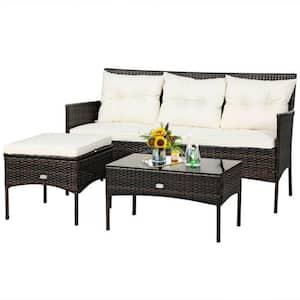 3-Piece Wicker Outdoor Patio Conversation Set Furniture Sectional Set with CushionGuard White Cushions