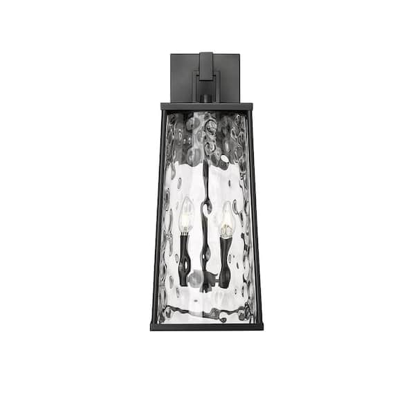 Dutton 2-Light 9 in. Wide Powder Coated Black Cylinder Outdoor Wall Sconce with Clear Water Textured