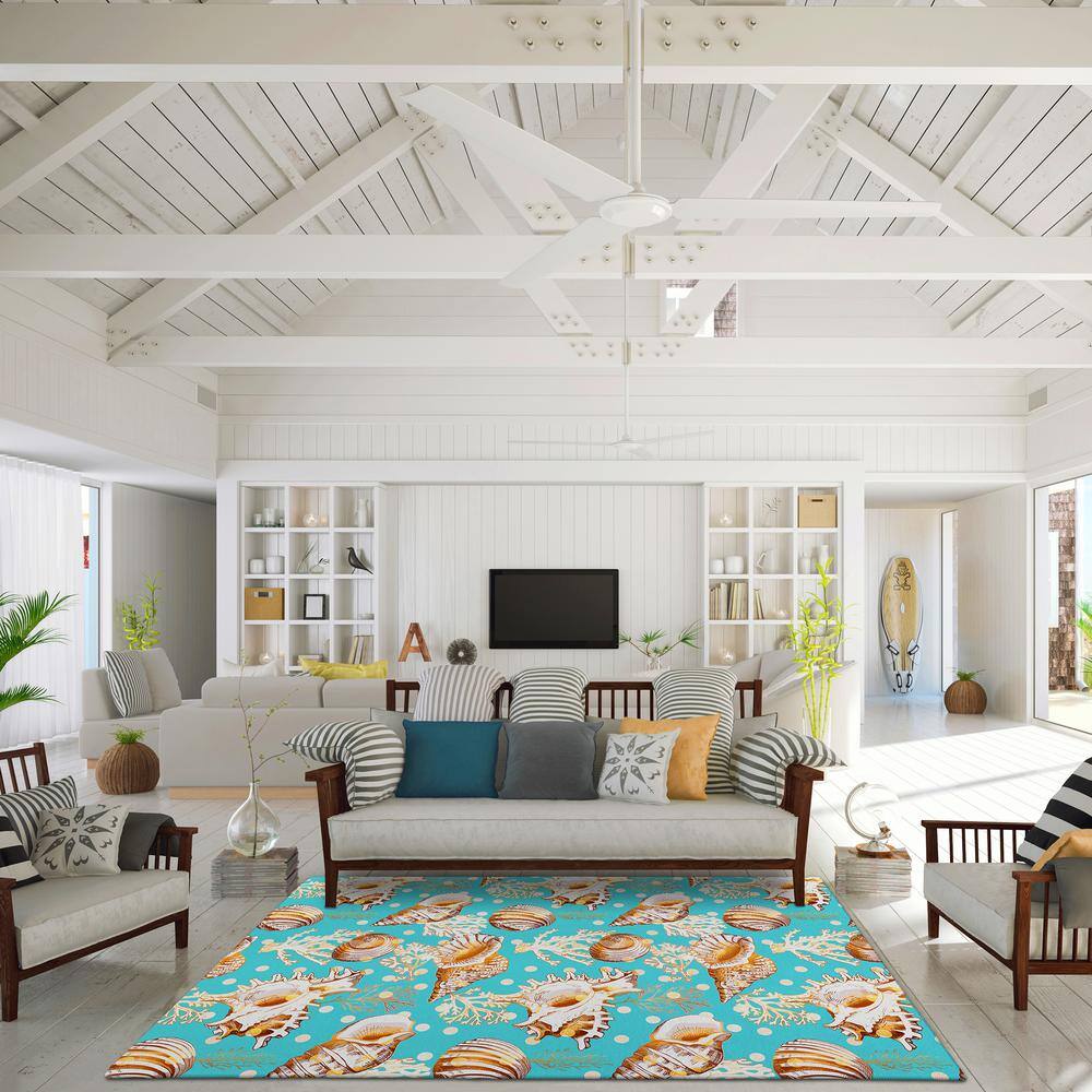 Aqua Coastal Seashells Flat Woven Chenille 5' x 7' Rug